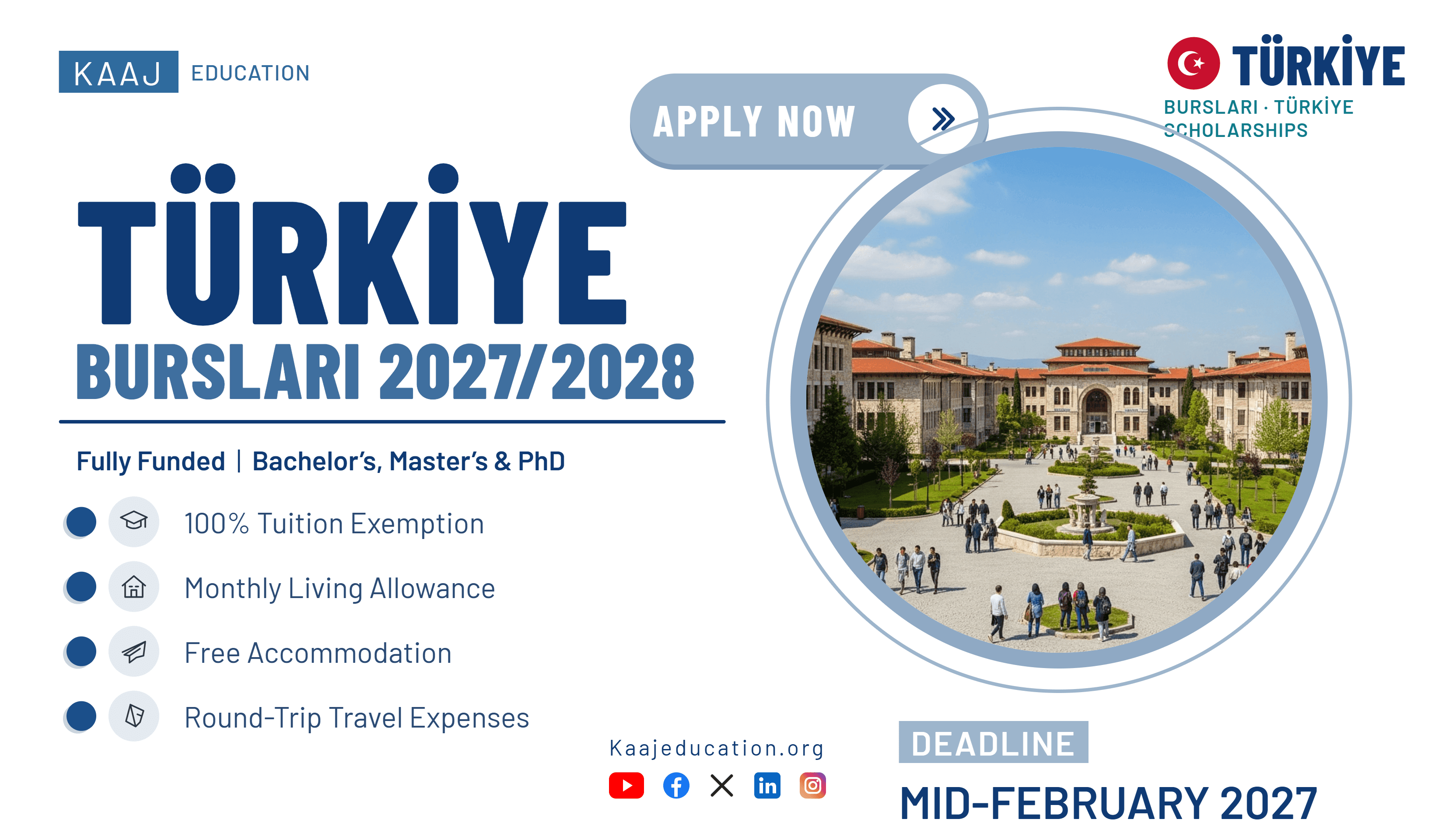Fully-Funded Türkiye Bursları Scholarships for Bachelor’s, Master’s & PhD (2027/2028 Intake)